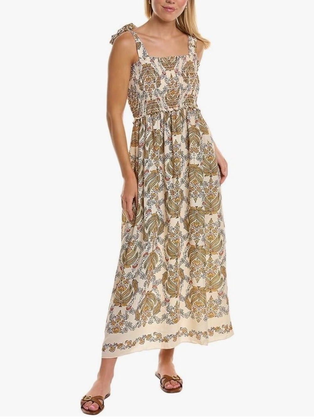 Max Studio Tie Strap Smocked Bodice Maxi Nap Dress Size L Yellow Floral Cotton - Picture 4 of 9